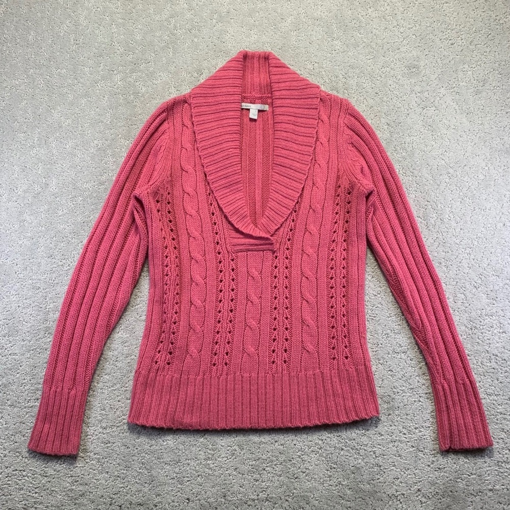 Old Navy Cable Knit Sweater Womens Large Pink Shawl Collar‎ Wool Blend Y2k